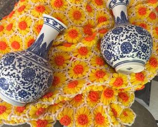 chinese blue and white porcelain on 1960's hand made quilt