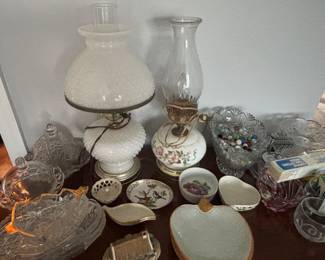 Antique lamps, lead crystal candy dishes, serving pieces, Lenox, marbles