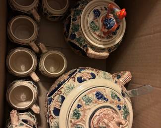 Antique covered German Punchbowl with 8 mugs and serving ladle