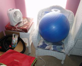 Wicker chair and side table, exercise ball