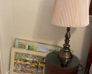 BucketStyle Night Stand, Lamp, Two Prints  Fire Bowl