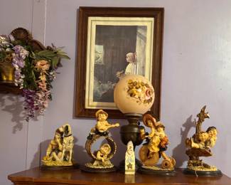 Several Vintage Hurricane Lamps and figurines.