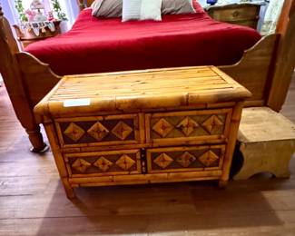 Vintage Bamboo Chest of Drawers w/ Geometric Inlay