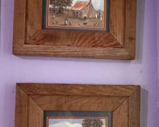 Vintage Framed Folk Art Prints featuring Rural Cabin & Field Scenes