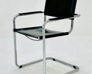 Set of Six Marcel Breuer Style Arm Chairs in Chrome & Leather Front View