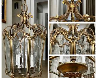 French 1940's rococo style brass and etched glass lantern. Excellent condition. 4 candelabra bulbs. Fixture 26”H x 15”Diam.
