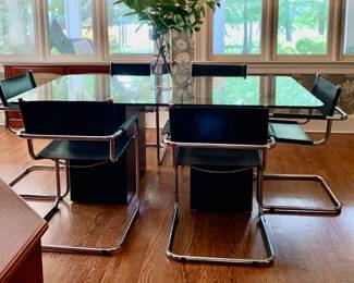 Mid Century 40 x 72 Dining/Conference Table & Six Leather & Chrome Arm Chairs