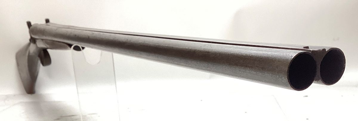 ANTIQUE W.M. MOORE & COMPANY SIDE BY SIDE DOUBLE BARREL SHOTGUN, IMPORT FROM BELGIUM, FINE TWIST STEEL BARRELS, GOOD CONDITION, ALL ORIGINAL, 30in BARREL, WALNUT STOCK WITH BRASS BUTT