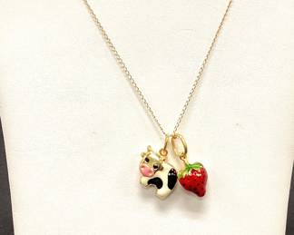 Mixed Gold Two 9k Charms Cow and Strawberry 1.89 Grams with 14k Gold Necklace .83 grams 20 inches