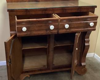 ANTIQUE BIRDS EYE MAPLE VENEER SIDEBOARD, MID 1800s, 2 SERPENTINE SHAPE DRAWER OVER 2 CUPBOARD DOORS WITH GLASS PIECE TOP. IN VERY GOOD CONDITION, WEAR CONSISTENT WITH AGE AND USE NO SHIPPING PICKUP ONLY