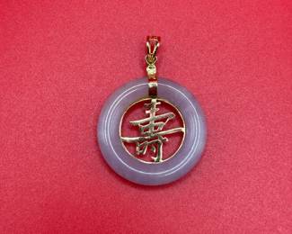 14K Yellow Gold And Purple Jade Longevity Pendant