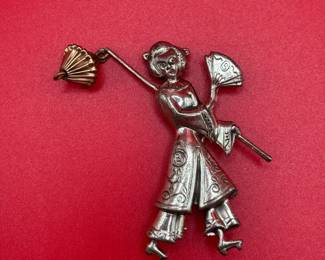 Vintage LANG Sterling Silver Oriental Chinese Brooch