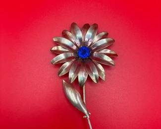 Vintage Sterling Silver Iridescent Floral Brooch