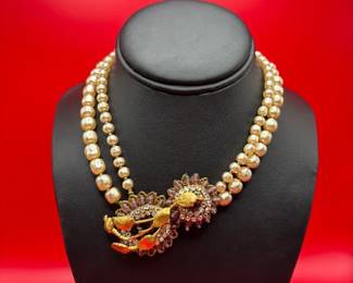 Vintage Pearl And Rhinestone Statement Necklace