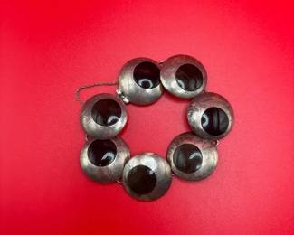 Signed 1960s Sterling Nestor Hecho En Taxco Googly Eye Link Bracelet