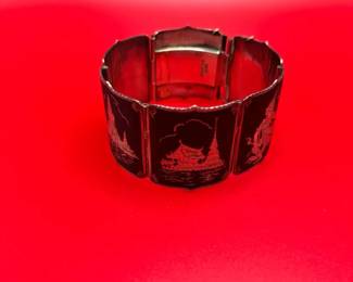 Vintage Siam Sterling Silver Panel Bracelet Niello