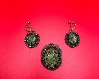 Vintage Stone Cluster Brooch And Earring Set
