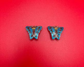 Vintage Sterling Silver Siam Enamel Butterfly Clipon Earrings
