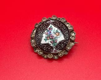 Vintage Sterling Silver Floral Enamel Brooch With Filigree Border