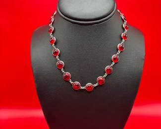 Vintage 16 Sterling Silver Red Glass Necklace