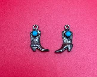 Set Of 2 Sterling Silver Turquoise Cowboy Boot Charm Pendants