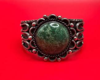 Vintage Native American Silver Cuff Bracelet With Green Turquoise