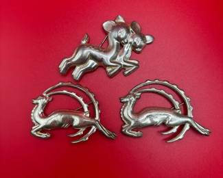 3 Vintage Sterling Silver Deer Brooches