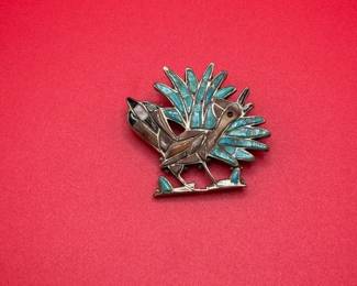 Vintage Native American Silver Inlay Turquoise Bird Brooch