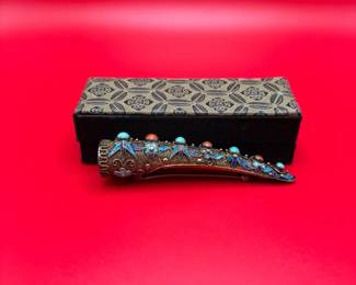 Antique Chinese Silver Cloisonne Filigree Nail Guard PinBrooch