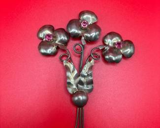 Vintage Sterling Silver 3 Flowers Brooch