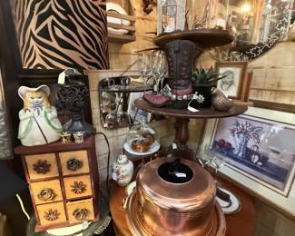 copper cake carrier, lamps, tiered tables