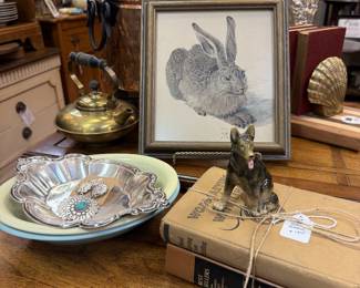 bunny art, dog figurine, vintage clamshell book ends, night stand solid wood, silver plate serving trays, vintage books, fruit lamp