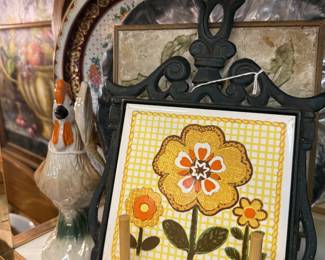 vintage 1970s cast iron and tile trivet