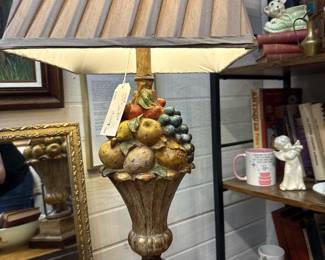 fruit lamp, book shelves, vintage books