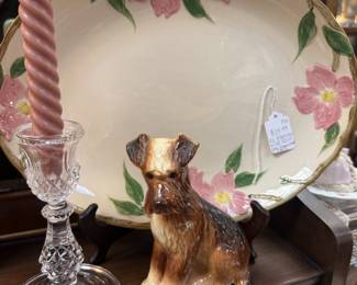 dog figurine, vintage Franciscan Earthenware Desert Rose serving platter