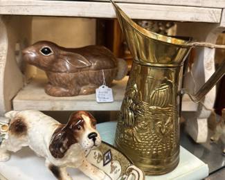 brass pitcher, dog figurines, bunny figure