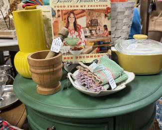 vintage side table, cook books