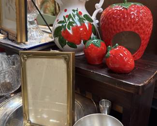 strawberry ceramic pieces, frame, silver plate tray