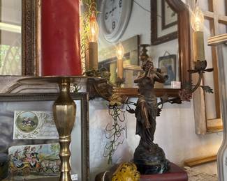 vintage brass candlesticks, figural lamp, metal lion figurine