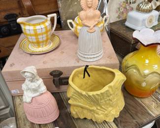 vintage ceramic planters, figurines, table