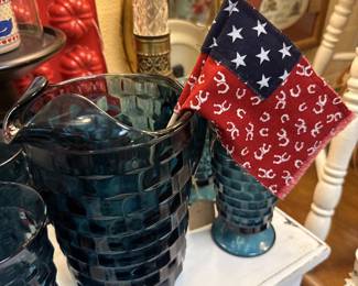 vintage blue glassware, red bundt pan, Americana decor