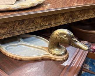 brass duck head trinket holder wood tray, vase