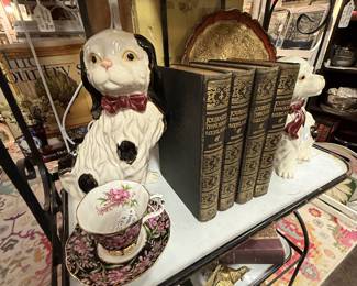 vintage books, tea cup and saucer, dog figurine