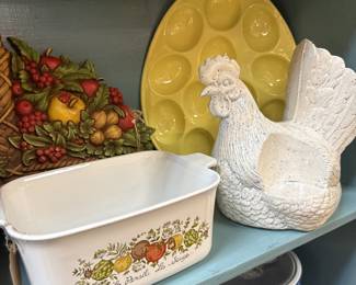 vintage spice of life casserole dish, rooster, vintage egg plate