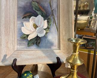 Magnolia oil painting, vintage brass candlesticks, salt & pepper