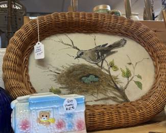 vintage bird painted art with wicker frame, vintage planter
