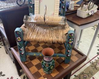 child's painted chair, chess table, frames