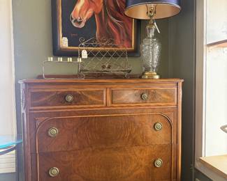 beautiful dresser, horse oil painting, crystal lamp