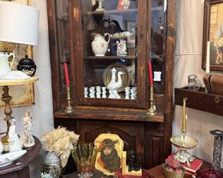 vintage corner shelf, tea set, framed art, brass