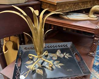 butterfly tole tray, brass candlestick holder